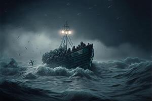 Migranten auf Boot im Mittelmeer Meer dramatisch Szene Illustration generativ ai foto