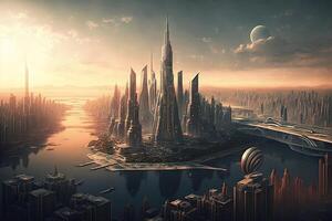 Neu York Stadt von das Zukunft Jahr 2100 mit fliegend Autos und Neu Wolkenkratzer Illustration generativ ai foto