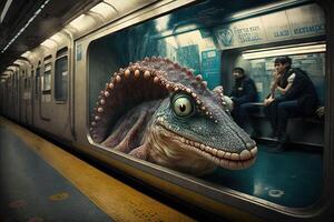 Eidechse Tintenfisch Tier auf Neu York Stadt U-Bahn unter Tage Metro Zug Illustration generativ ai foto