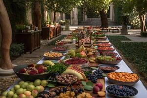 Ramadan kareem draussen iftar Mahlzeit mit ein Array von frisch, saisonal Früchte und Gemüse und schön Blumen- Vereinbarungen Illustration generativ ai foto