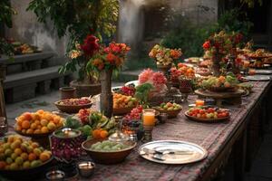 Ramadan kareem draussen iftar Mahlzeit mit ein Array von frisch, saisonal Früchte und Gemüse und schön Blumen- Vereinbarungen Illustration generativ ai foto