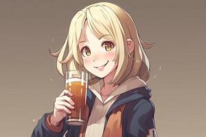 lächelnd blond Anime Mädchen halten ein Glas von Bier und suchen beim Du, Manga Stil Illustration generativ ai foto