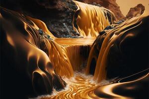 Wasserfall von Flüssigkeit Gold, Goldfall, Fantasie Landschaft. Foto realistisch, Konzept Kunst Illustration generativ ai