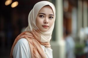 Porträt von schön asiatisch Muslim Frau tragen traditionell Kleidung. ai generiert. foto