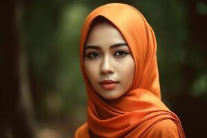 Porträt von schön asiatisch Muslim Frau tragen traditionell Kleidung. ai generiert. foto