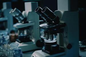 biochemisch Forschung Gruppe Arbeiten mit Mikroskop zum Coronavirus ai generiert foto
