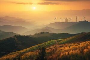 Wind Generatoren Turbinen beim Sonnenuntergang ai generiert foto