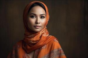 Porträt von schön asiatisch Muslim Frau tragen traditionell Kleidung. ai generiert. foto