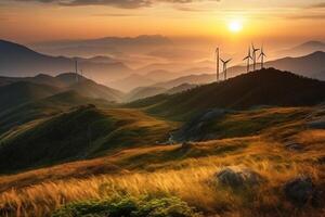 Wind Generatoren Turbinen beim Sonnenuntergang ai generiert foto