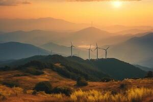 Wind Generatoren Turbinen beim Sonnenuntergang ai generiert foto