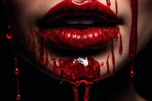 Lippenstift rot Farbe tropft Lipgloss Tropfen auf Lippen von schön Frau Mund Illustration generativ ai foto