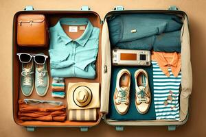 Reise Koffer verpackt mit Kleider und Zubehör Illustration generativ ai foto