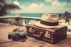 Jahrgang Koffer, Hipster Hut, Foto Kamera Sommer- Urlaub und Kreuzfahrt Reisen Konzept. Illustration generativ ai