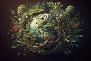 Welt International Wald und Wälder Tag 21 März abstrakt Illustration. Tier, Baum, Grün Gruß, Tierwelt, Globus, Erde generativ ai foto