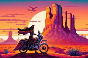 Biker Mädchen Reiten ein futuristisch Fahrrad Motorrad im Monument Senke Hintergrund beim Sonnenuntergang Illustration generativ ai foto