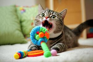 Katze Modellieren zu werben ein Katze Spielzeug, zeigen aus Wie viel Spaß das Spielzeug ist Illustration generativ ai foto