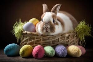 Korb gefüllt mit hell - - farbig Ostern Eier, umgeben durch ein Feld von Blühen Blumen und ein glücklich Hase Ostern Illustration generativ ai foto