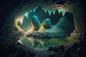 fantastisch unter Wasser Höhle System mit glühend Beleuchtung Illustration generativ ai foto