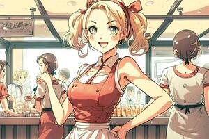 ein Manga Kellnerin schön Mädchen, Manga Stil Illustration generativ ai foto