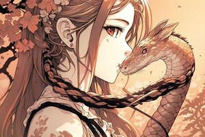 schön Mädchen küssen ein Schlange, Manga Stil Anime Charakter Illustration generativ ai foto