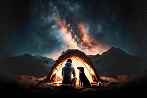 Camping unter sternenklar Nacht Himmel milchig Weg Aufpassen. Mann und Hund Nächster zu Zelt im National Park. Star Blick.Illustration generativ ai foto