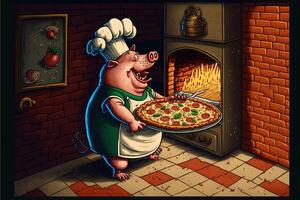 Schwein Kochen Pizza Illustration generativ ai foto