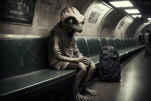 Außerirdischer im U-Bahn unter Tage von Neu York Stadt Illustration generativ ai foto
