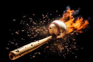 Detail von Baseball Schläger auffällig Ball im Explosion Illustration generativ ai foto