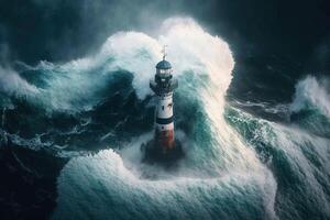 Wellen Schlagen ein Leuchtturm im offen Meer Felsen Illustration generativ ai foto