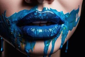 Lippenstift Blau Farbe tropft Lipgloss Tropfen auf Lippen von schön Frau Mund Illustration generativ ai foto