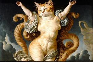 Katze Stehen mögen botticelli Venus. Digital Illustration generativ ai foto