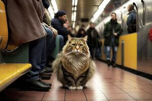 Katze Tier auf Neu York Stadt U-Bahn unter Tage Metro Zug Illustration generativ ai foto