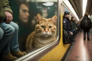 Katze Tier auf Neu York Stadt U-Bahn unter Tage Metro Zug Illustration generativ ai foto