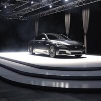ai generativ Aussicht von ein generisch und Marke weniger modern Auto auf das Präsentation Bühne Hintergrund foto