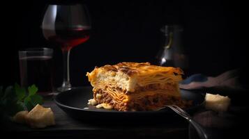 Stück von lecker heiß Lasagne mit rot Wein. klein Tiefe von Feld. traditionell Italienisch Lasagne. Italienisch Lebensmittel. Essen auf schwarz Platte. Bolognese Soße. Bechamel Soße. ai generativ foto