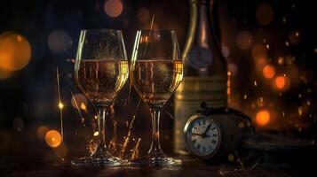 Neu Jahr Feier - - Toast mit Champagner und Feuerwerk - - defokussiert Bokeh Beleuchtung und glänzend bewirken auf Hintergrund, ai generativ foto