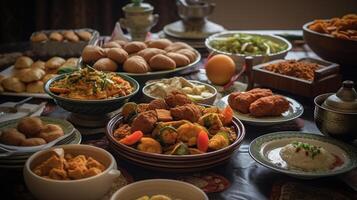 traditionell östlichen Geschirr auf Tisch. Feier von eid al-fitr, eid Adha, ai generativ foto