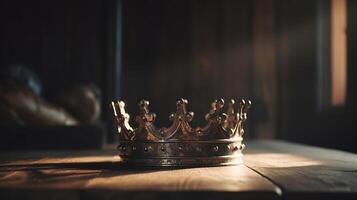 niedrig Schlüssel Bild von schön Königin oder König Krone Über hölzern Tisch. Jahrgang gefiltert. Fantasie mittelalterlich Zeitraum, ai generativ foto