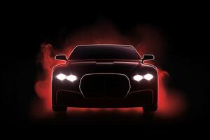 Vorderseite Aussicht dunkel Silhouette von ein modern Luxus rot Auto isoliert auf dunkel Hintergrund mit rot Neon- Licht und Rauch. ai generiert foto