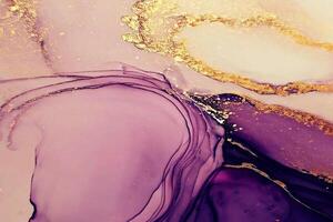 abstrakt Flüssigkeit Farbe Digital Papier, Flüssigkeit Kunst violett und Gold funkeln mit Alkohol Tinte Technik ai generiert foto