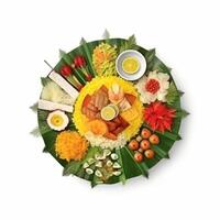 nasi tumpeng ist Reis Das ist geformt mögen ein Kegel und vereinbart worden zusammen mit das Seite Teller. ai generiert. foto