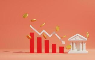 Pfeil Diagramm Weiß Pfeile zeigen Nieder Stapel von Münzen fallen mit abnehmend Bar Graph Bank. 3d Wiedergabe, 3d Illustration foto