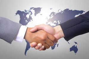 Geschäft Zustimmung Handschlag Hand Geste mit ein Welt Karte im das Hintergrund. ai generiert foto