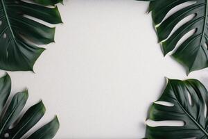 Grün Blätter Monstera Natur Rahmen Layout von tropisch Pflanze Busch auf Weiß Hintergrund. ai generiert foto