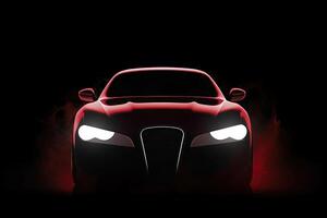 Vorderseite Aussicht dunkel Silhouette von ein modern Luxus rot Auto isoliert auf dunkel Hintergrund mit rot Neon- Licht und Rauch. ai generiert foto