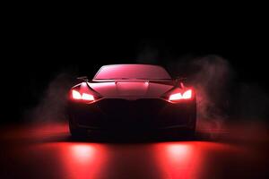 Vorderseite Aussicht dunkel Silhouette von ein modern Sport rot Auto isoliert auf dunkel Hintergrund mit rot Neon- Licht und Rauch. ai generiert foto