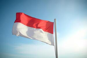 Indonesien National Flagge winken im Blau Himmel. rot und Weiß Flagge mit Wolken. ai generiert foto