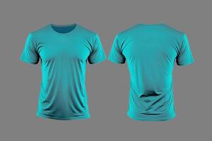 Foto realistisch männlich cyan Farbe T-Shirts mit Kopieren Raum, Vorderseite und zurück Sicht. ai generiert