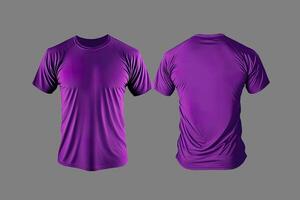 Foto realistisch männlich lila T-Shirts mit Kopieren Raum, Vorderseite und zurück Sicht. ai generiert