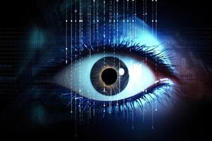 Makro Auge mit hoch Technologie zum futuristisch virtuell Wirklichkeit. Konzept von biometrisch und Netzhaut Scannen und persönlich Daten Sicherheit. ai generiert foto